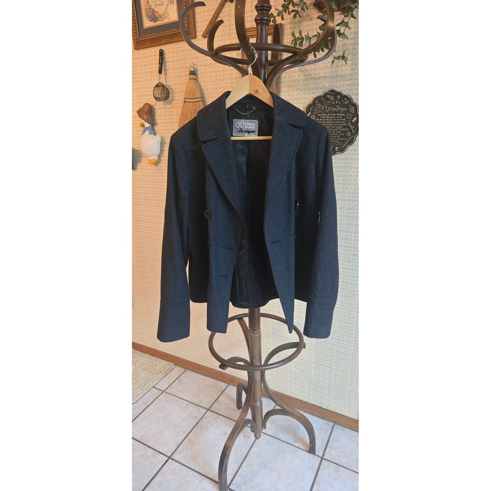 Guess Los Angeles Mens XL Charcoal Gray Wool Blend Double Breasted Pea Coat